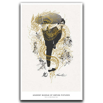 A poster featuring an illustration of Bruce Lee in a martial arts pose, with a dragon design in the background, predominantly in black, gold, and white colors. Academy Museum Store Logo print